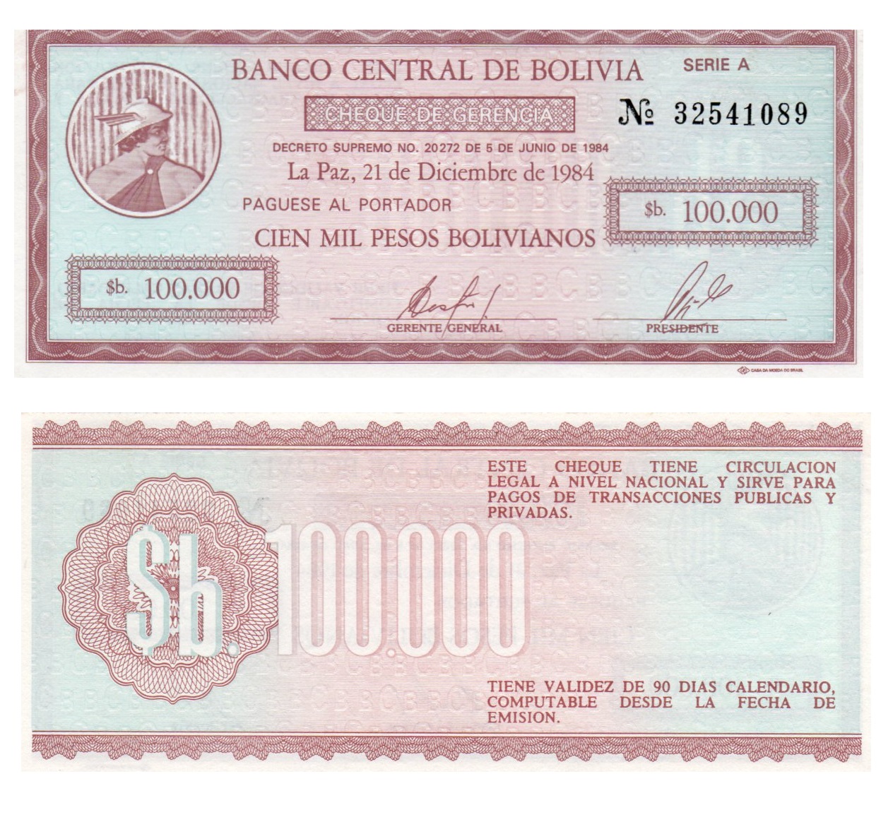 Bolivia #188 100.000 Pesos Bolivianos